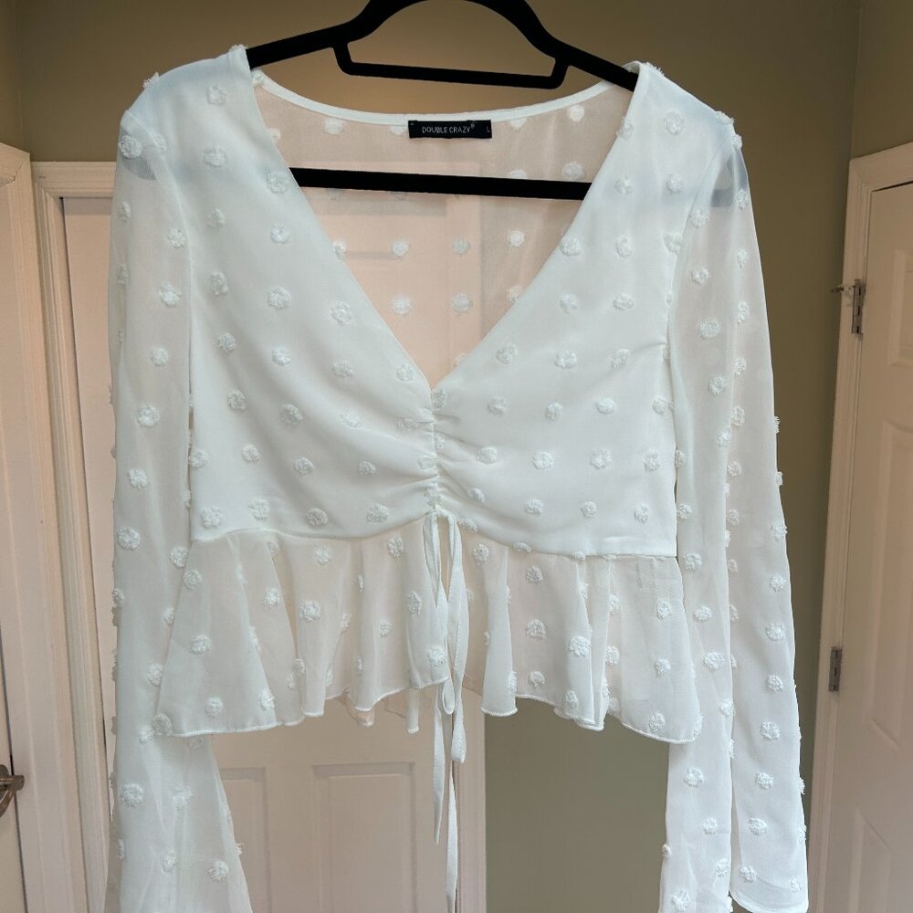 Double Crazy Swiss Dot Ruched Ruffled Crop Top, Size L